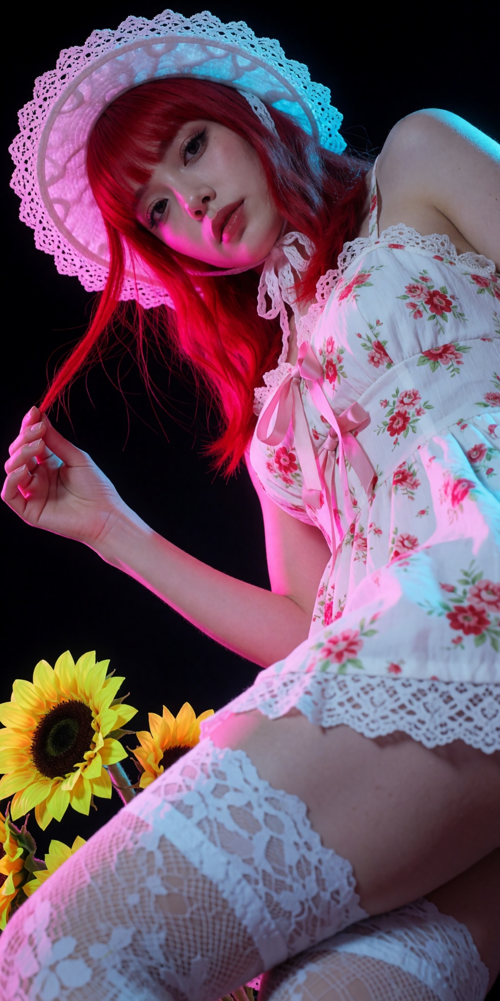 An ultra-realistic cinematic high-fashion photograph captured from an extreme low-angle tilt looking upward from ground le...