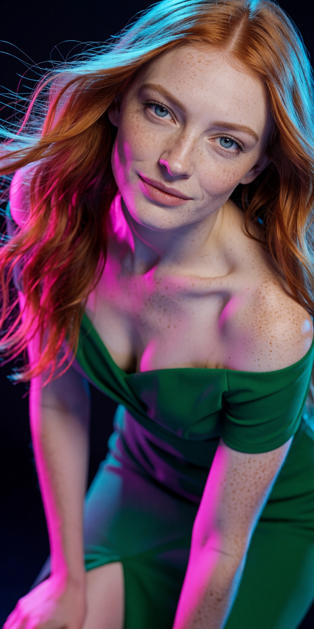 An ultra-realistic cinematic fashion photograph captured from an extreme low-angle tilt looking upward from thigh level. A...