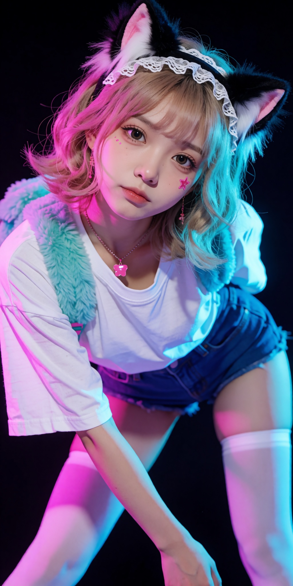 An ultra-realistic cinematic high-fashion photograph captured from an extreme low-angle tilt looking upward from ground le...