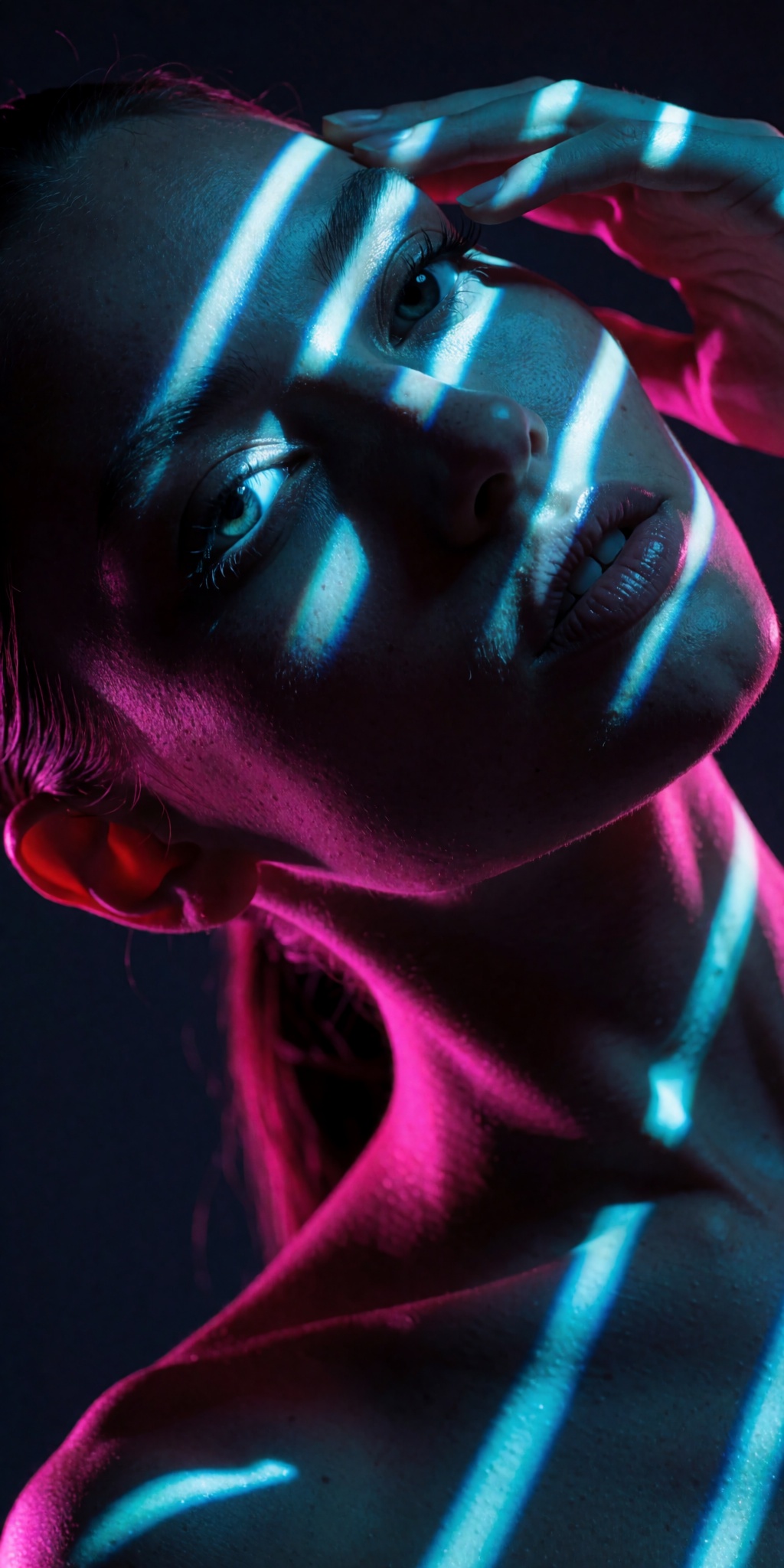 A raw,  photorealistic macro fashion portrait captured at a steep high-angle Dutch-tilt perspective looking down from abov...