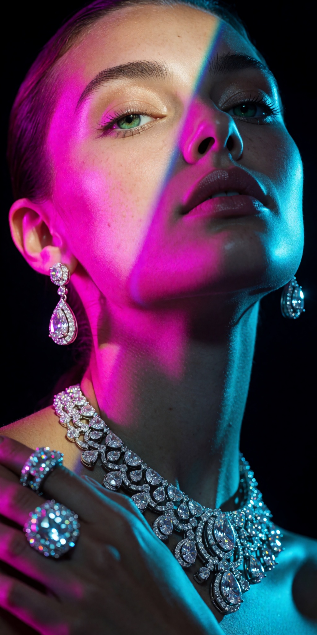An ultra-realistic cinematic high-fashion photograph captured from an extreme low-angle tilt looking upward from chest hei...