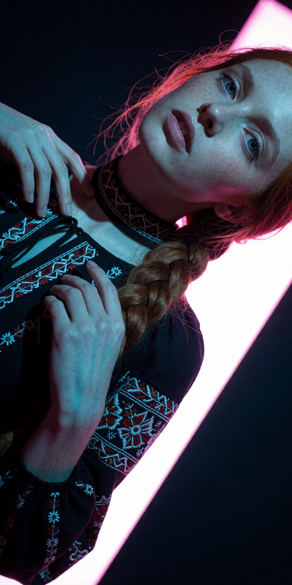 A raw,  photorealistic macro fashion shot taken from a steep Dutch-angle perspective looking down from above. The subject...