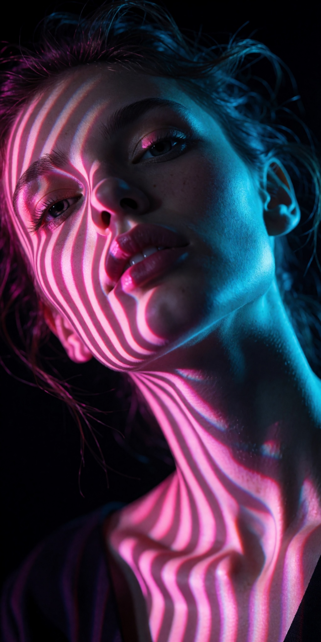 An ultra-realistic cinematic high-fashion photograph captured from an extreme low-angle tilt looking upward from waist lev...