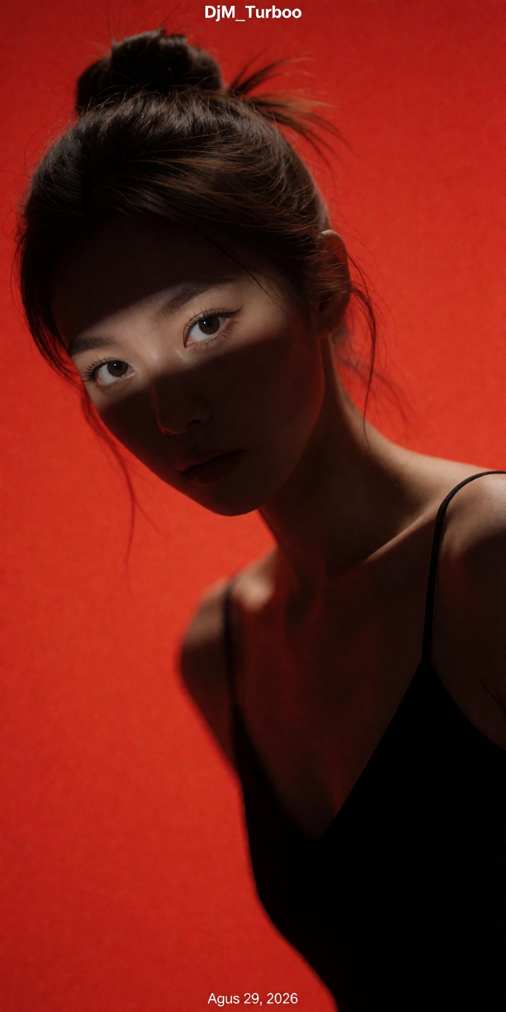 An ultra-detailed minimalist studio portrait emphasizing emotional intensity through light and shadow. A young woman with...