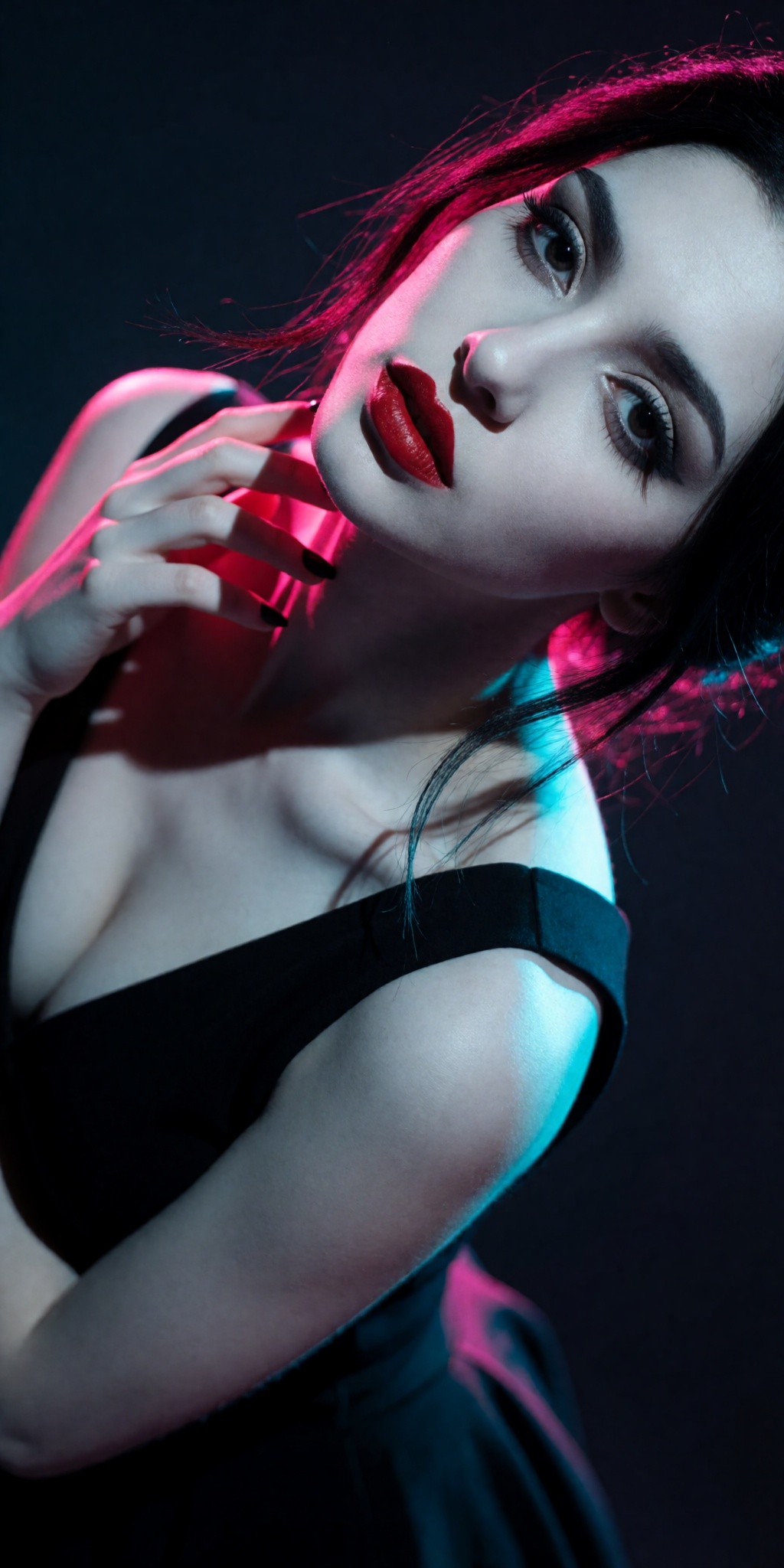 A raw,  photorealistic macro fashion portrait captured at a steep high-angle Dutch-tilt perspective looking down from abov...