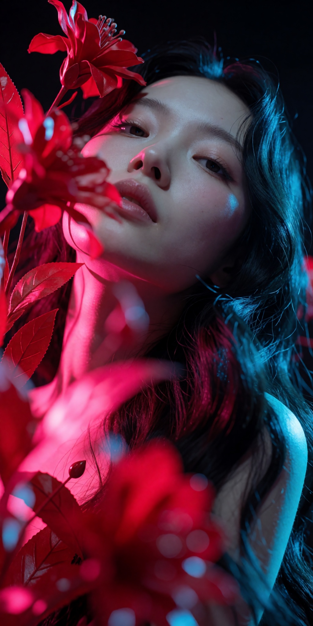 An ultra-realistic cinematic high-fashion photograph captured from an extreme low-angle tilt looking upward from below wai...