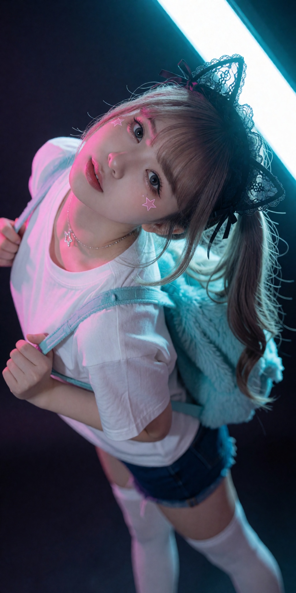 A raw,  photorealistic macro fashion portrait captured at a steep high-angle Dutch-tilt perspective looking down from abov...