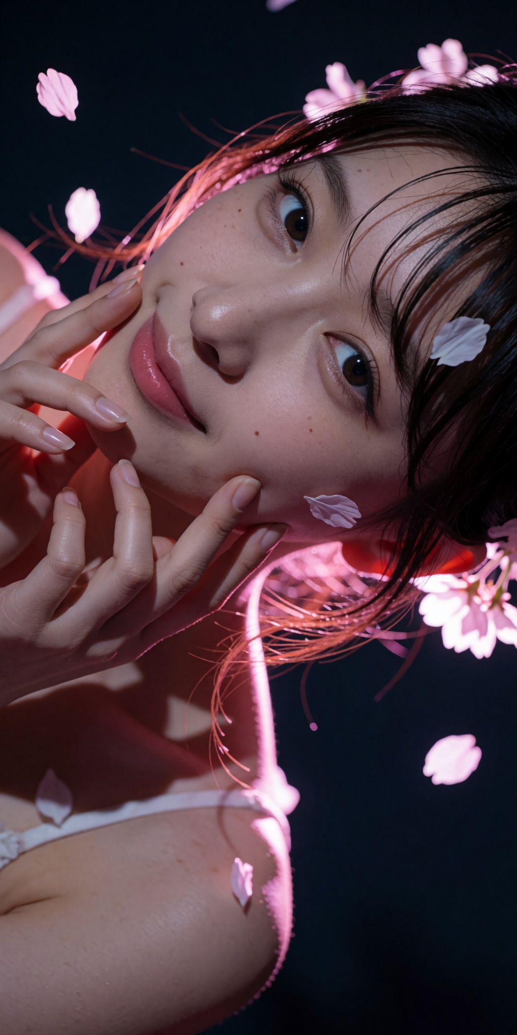 A raw,  photorealistic macro fashion portrait captured at a steep high-angle Dutch-tilt perspective looking down from abov...