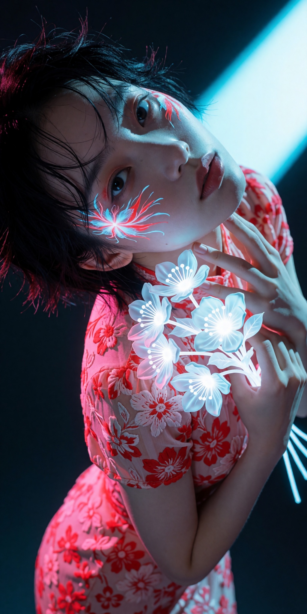 A raw,  photorealistic macro fashion portrait captured at a steep high-angle Dutch-tilt perspective looking down from abov...