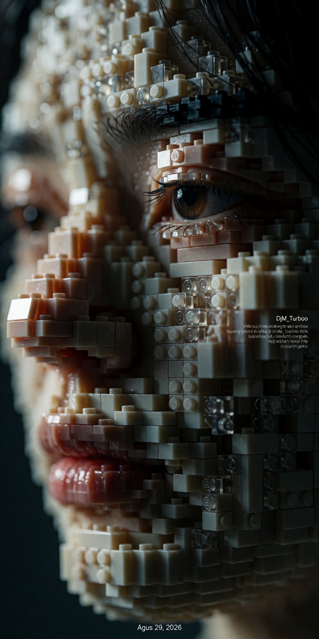 A surreal macro portrait of a contemplative human face sculpted entirely from thousands of tiny building blocks arranged w...