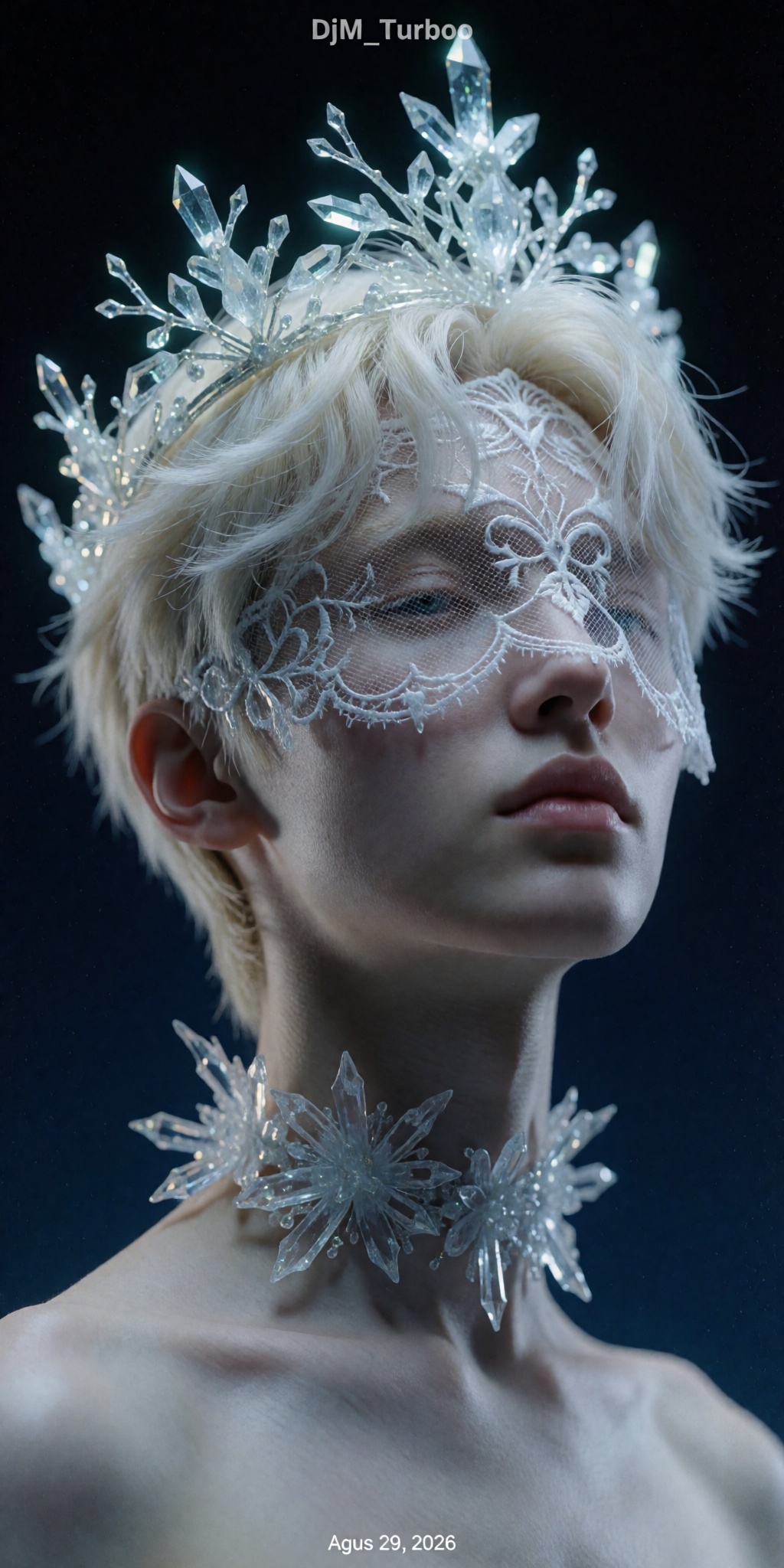 A highly detailed,  digitally manipulated ultra-photorealistic portrait of a mysterious young figure with porcelain pale s...