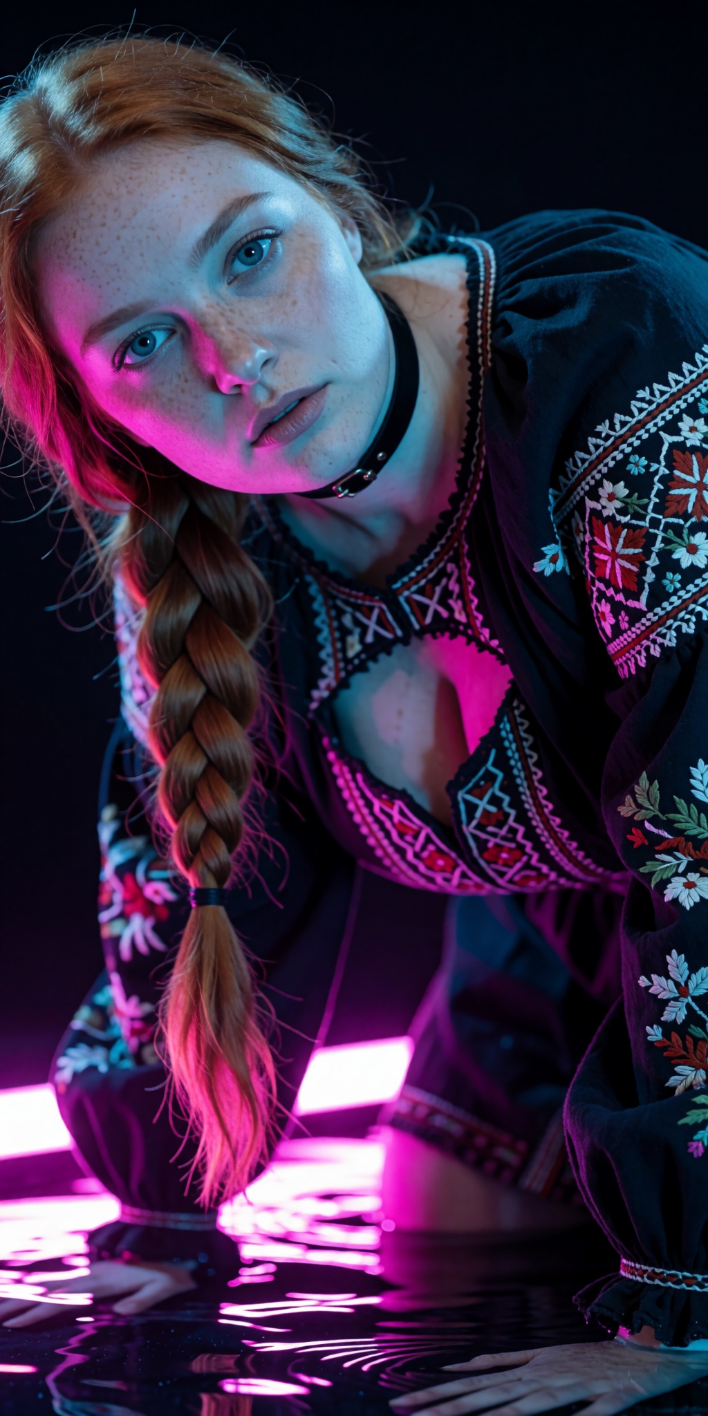 An ultra-realistic cinematic high-fashion photograph captured from an extreme low-angle tilt looking upward from ground le...