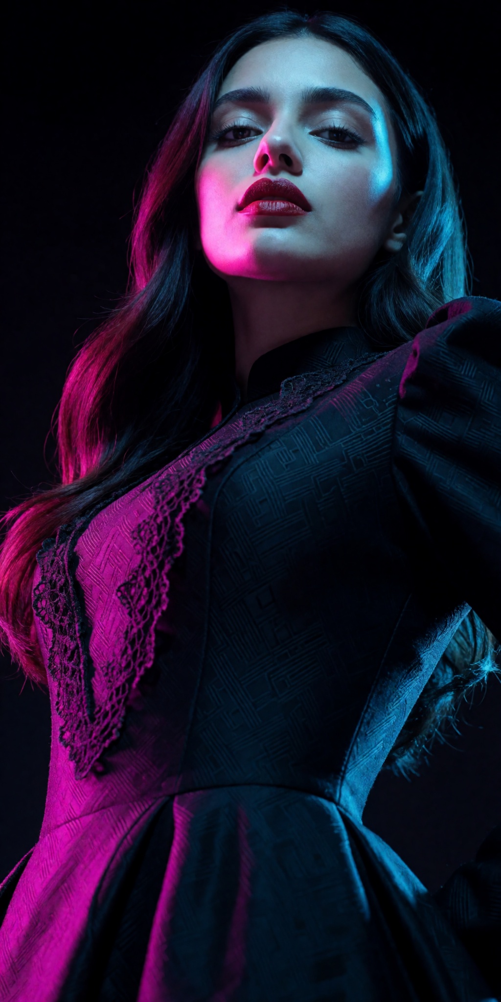 An ultra-realistic cinematic high-fashion photograph captured from an extreme low-angle tilt looking upward from waist lev...