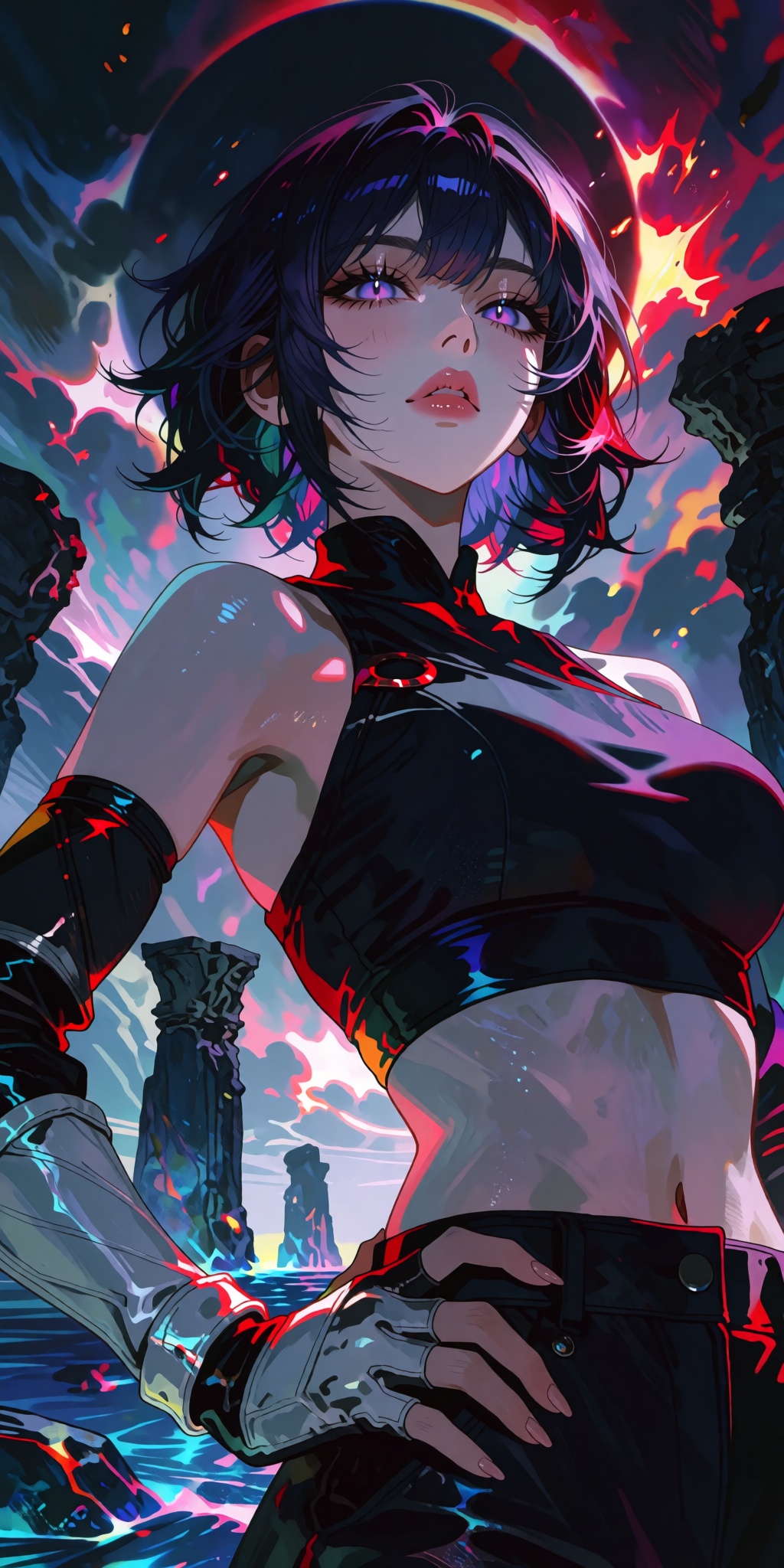 High-contrast epic fantasy digital art masterpiece. An extreme low-angle worm's-eye view looking up dramatically at a conf...