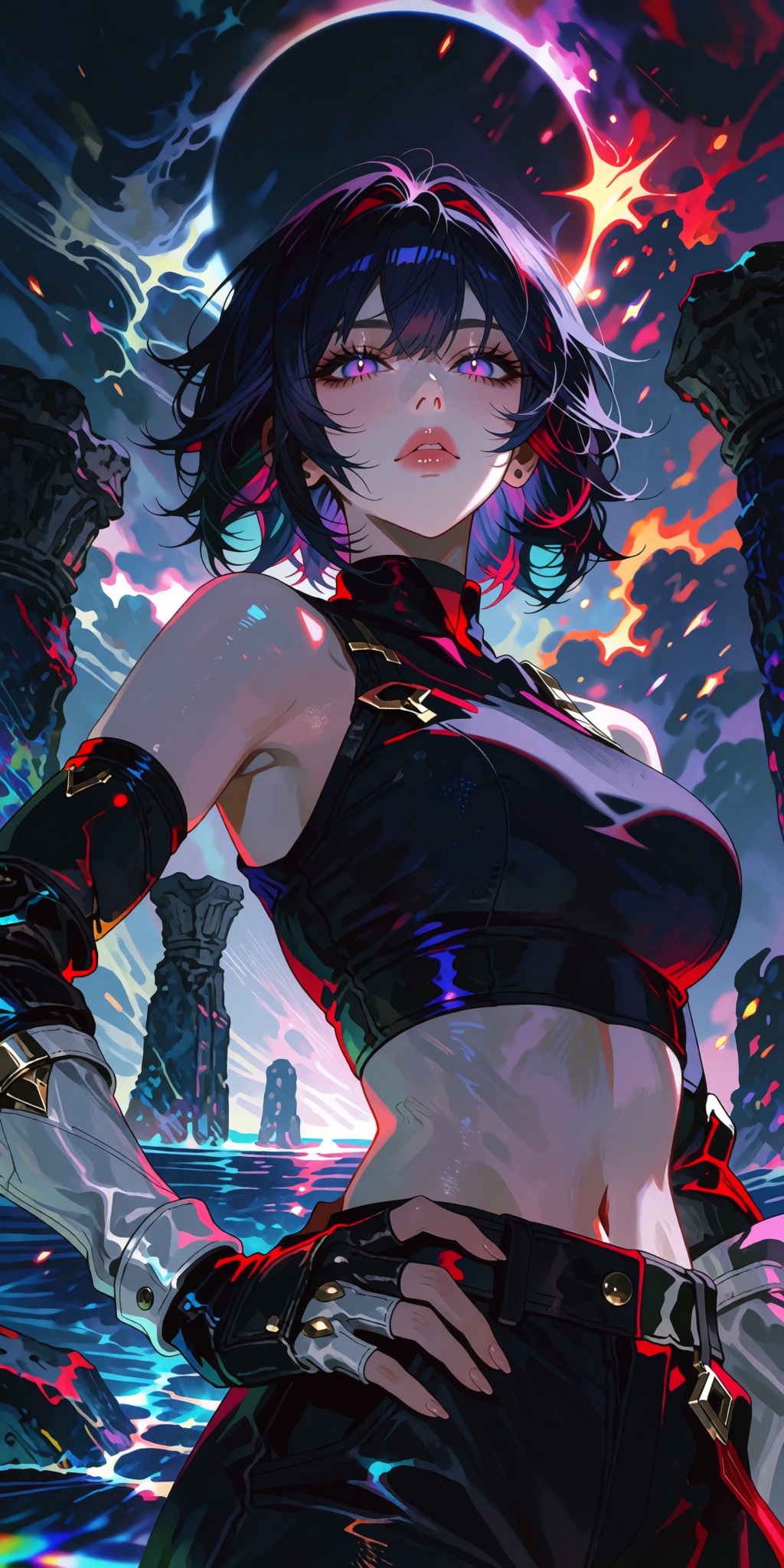 High-contrast epic fantasy digital art masterpiece. An extreme low-angle worm's-eye view looking up dramatically at a conf...
