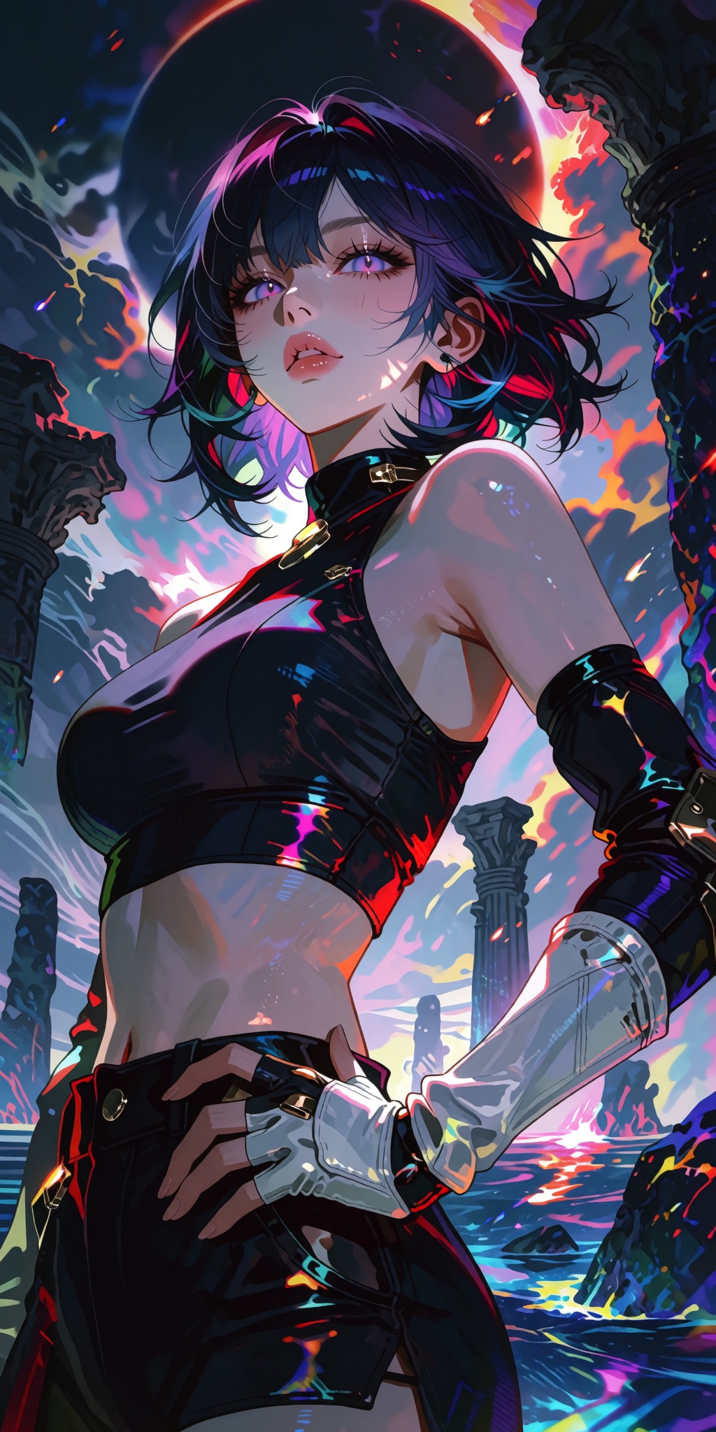 High-contrast epic fantasy digital art masterpiece. An extreme low-angle worm's-eye view looking up dramatically at a conf...