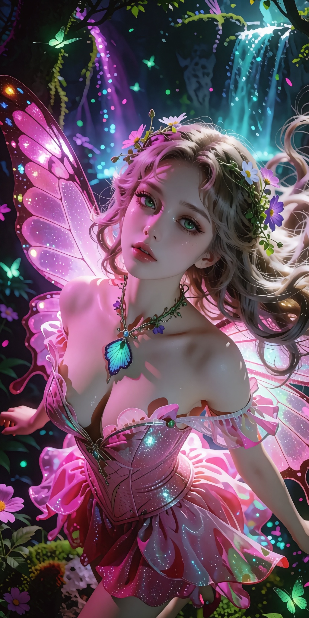 A breathtaking,  museum-grade digital illustration of a gorgeous fantasy fairy framed in an adventurous Dutch angle from a...