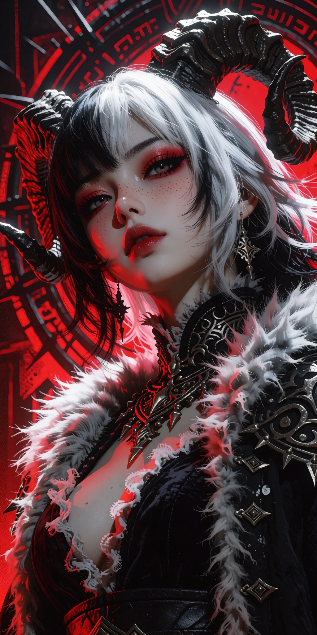 A masterpiece digital artwork of an edgy,  stylish dark fantasy character captured from a striking low-angle perspective l...