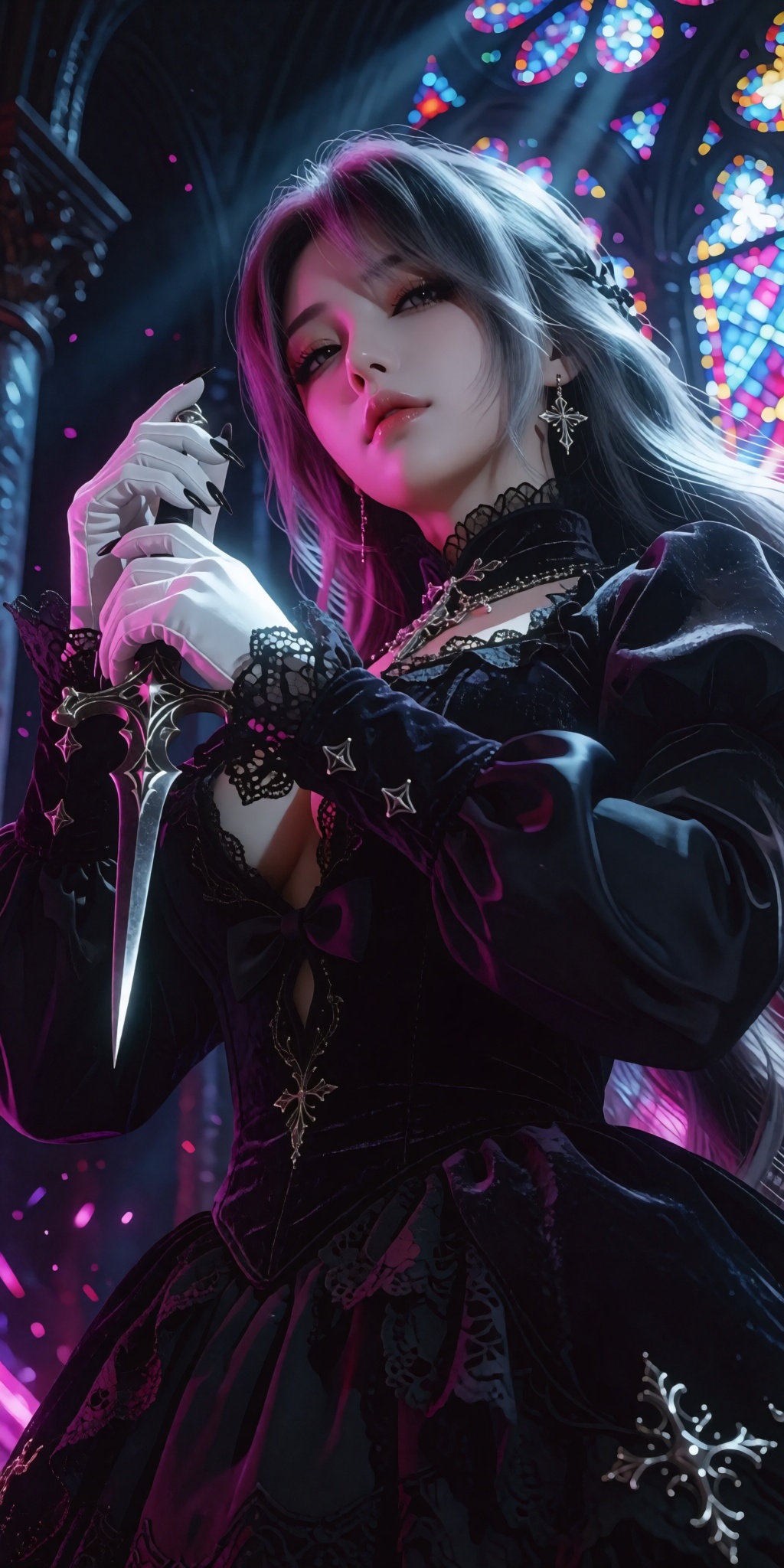 A masterpiece digital artwork of a solitary assassin-priestess captured from a striking low-angle perspective looking slig...