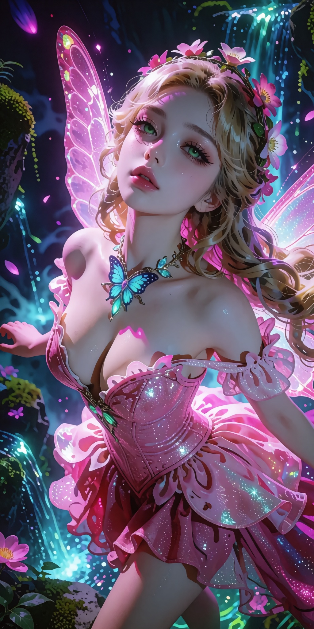 A masterpiece digital artwork of a stunning celestial fairy captured from a striking low-angle shot looking upward,  empha...