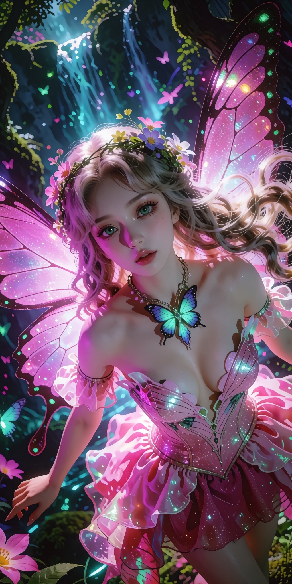 A breathtaking,  museum-grade digital illustration of a gorgeous fantasy fairy framed in an adventurous Dutch angle from a...