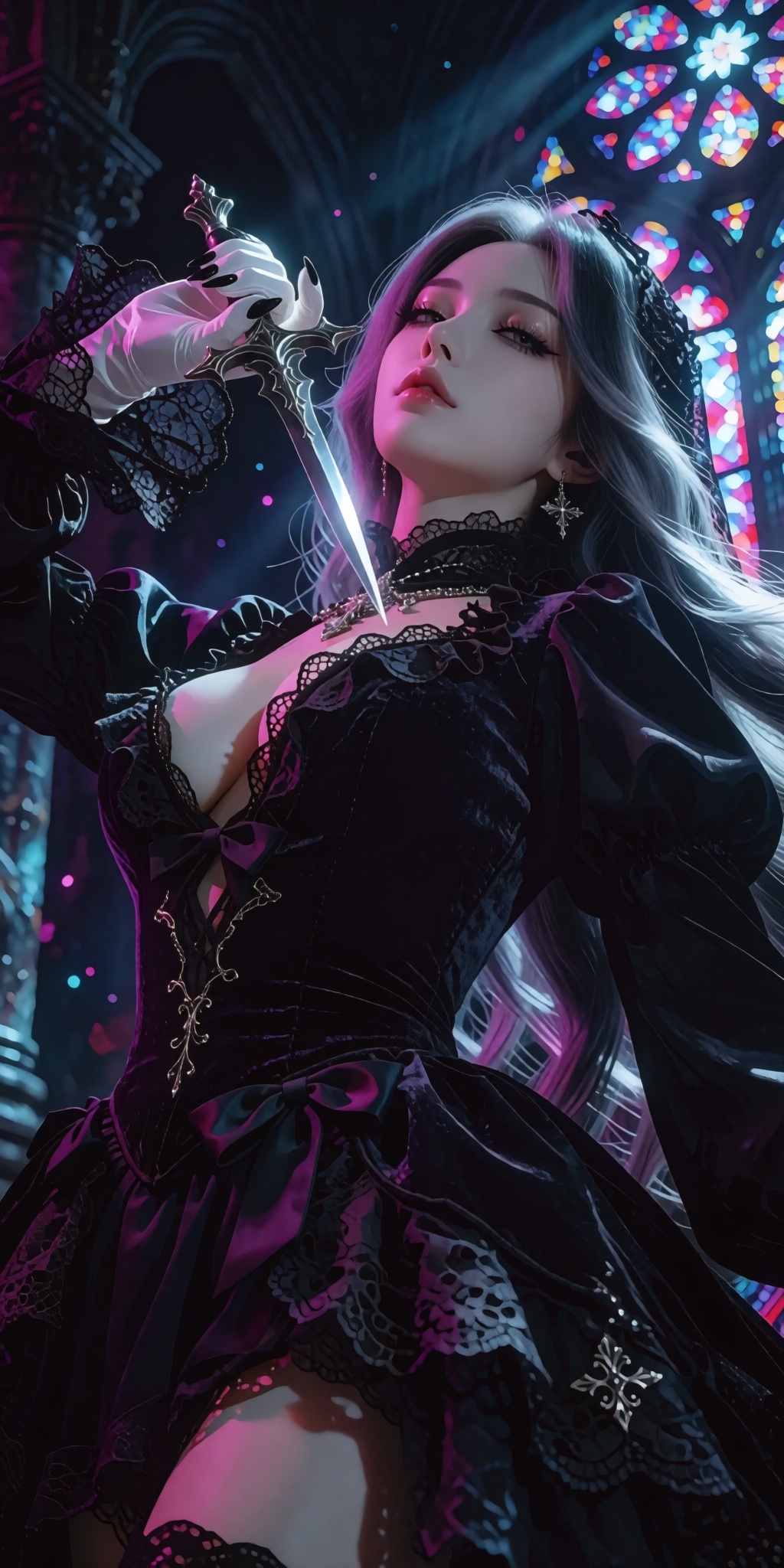 A masterpiece digital artwork of a solitary assassin-priestess captured from a striking low-angle perspective looking slig...