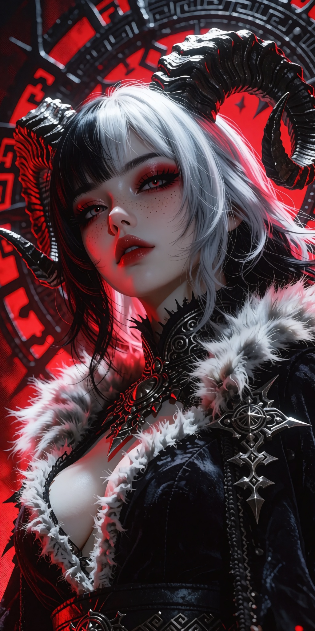 A masterpiece digital artwork of an edgy,  stylish dark fantasy character captured from a striking low-angle perspective l...