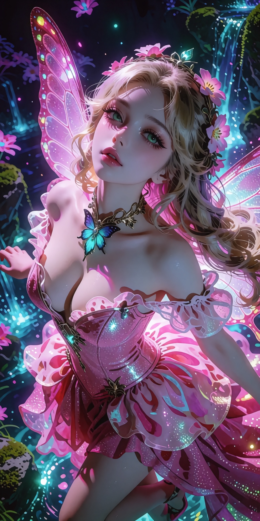 A masterpiece digital artwork of a stunning celestial fairy captured from a striking low-angle shot looking upward,  empha...