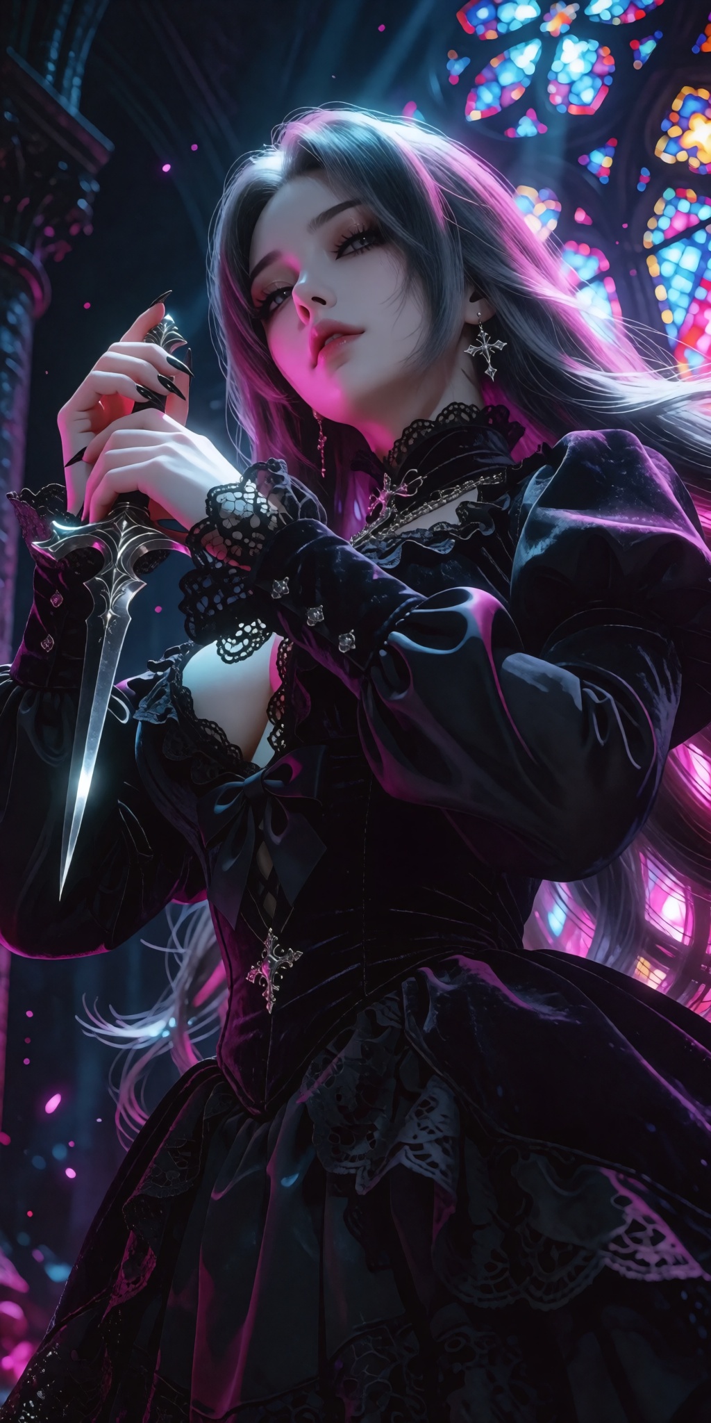 A masterpiece digital artwork of a solitary assassin-priestess captured from a striking low-angle perspective looking slig...