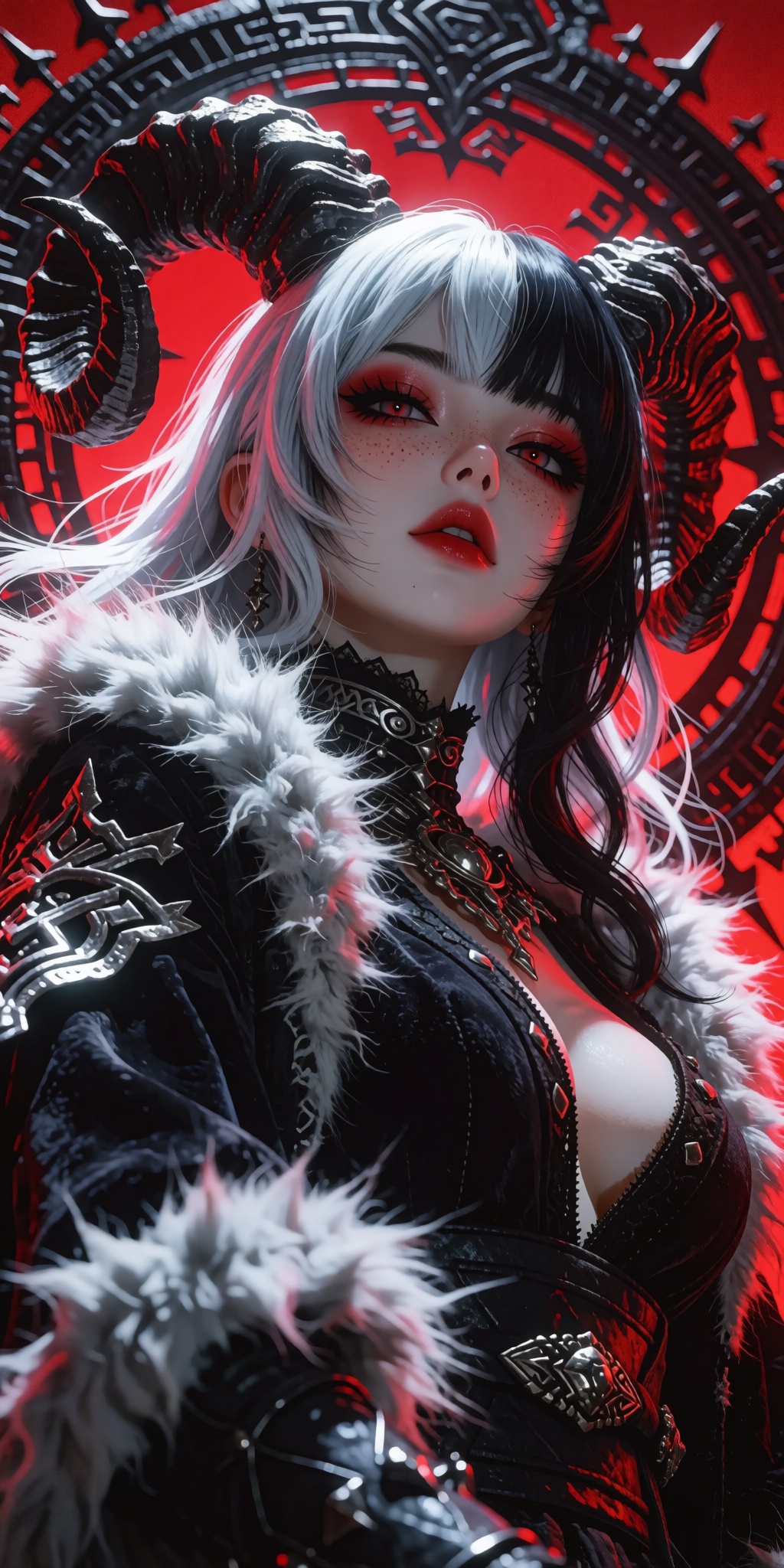 A masterpiece digital artwork of an edgy,  stylish dark fantasy character captured from a striking low-angle perspective l...