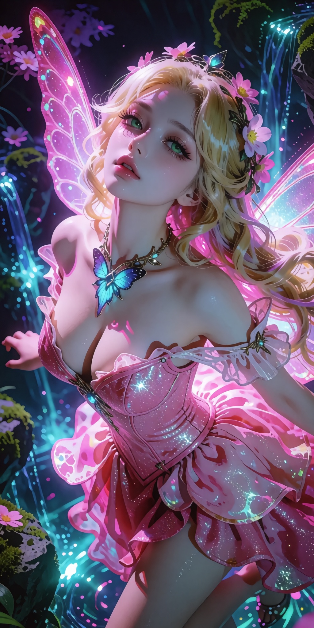 A masterpiece digital artwork of a stunning celestial fairy captured from a striking low-angle shot looking upward,  empha...