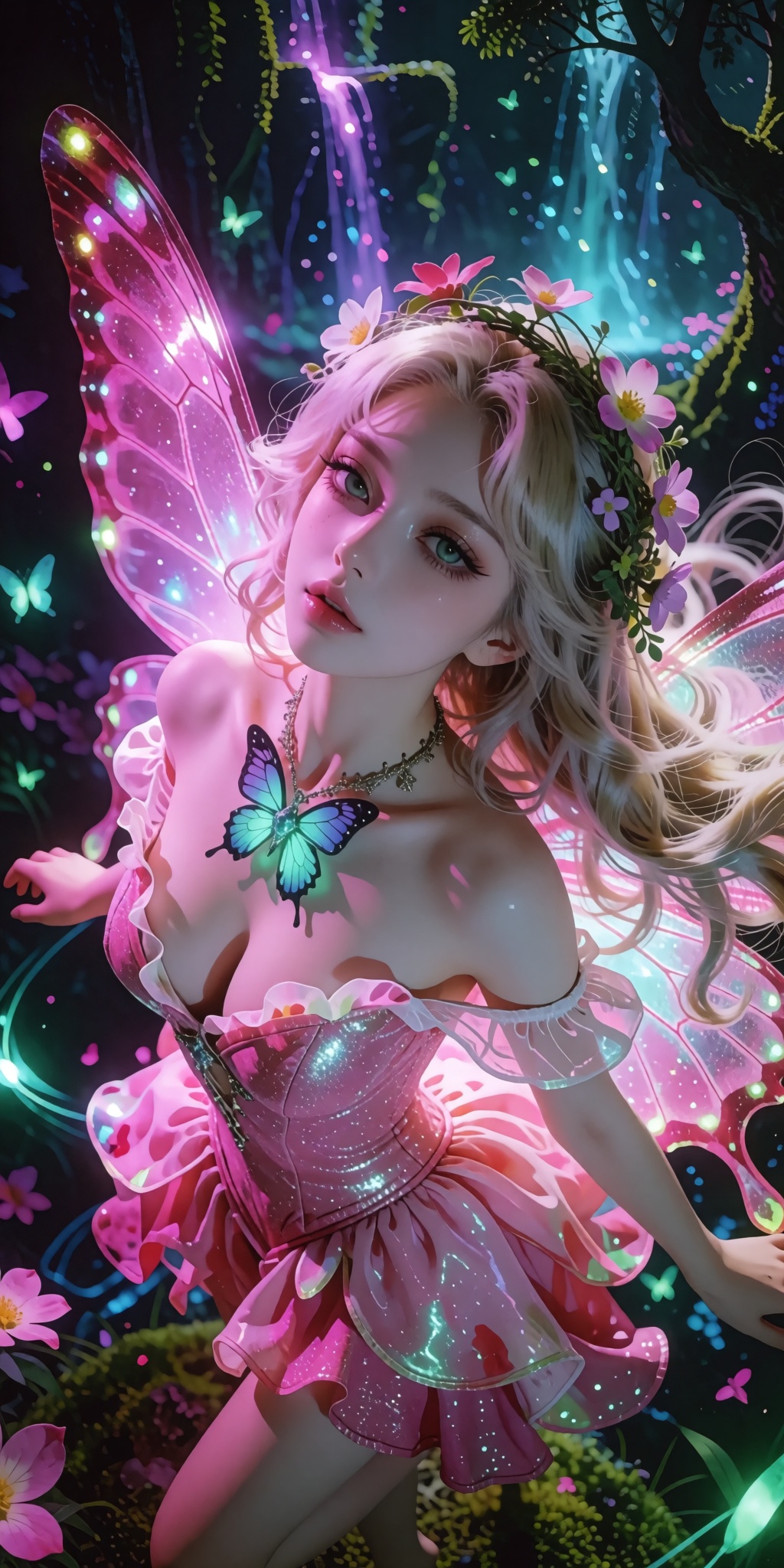 A breathtaking,  museum-grade digital illustration of a gorgeous fantasy fairy framed in an adventurous Dutch angle from a...