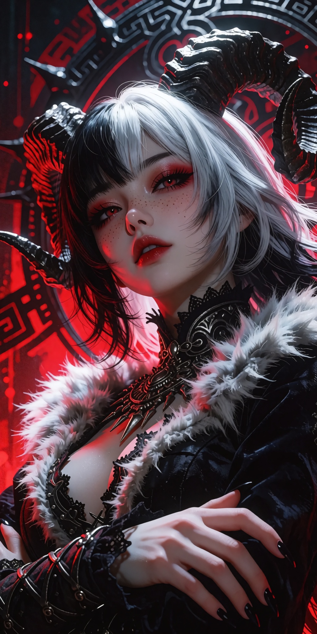A masterpiece digital artwork of an edgy,  stylish dark fantasy character captured from a striking low-angle perspective l...