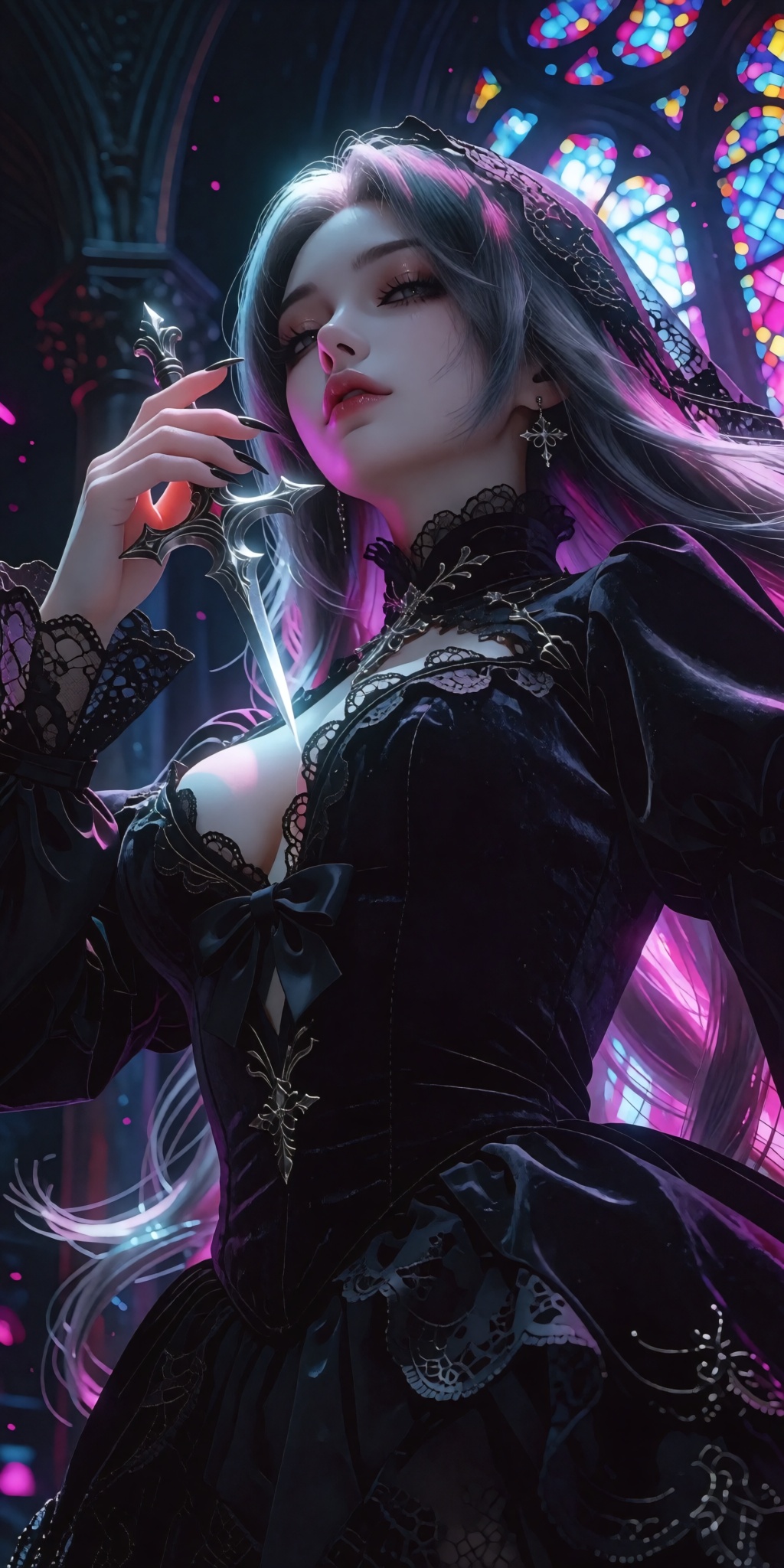 A masterpiece digital artwork of a solitary assassin-priestess captured from a striking low-angle perspective looking slig...