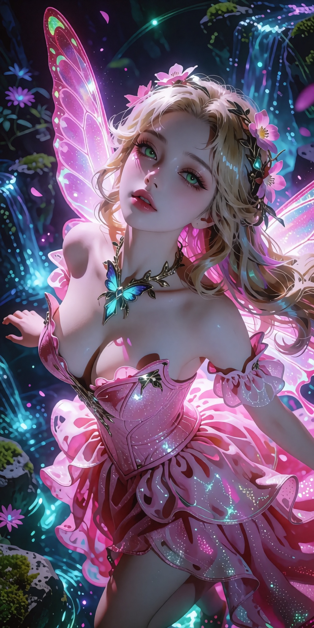 A masterpiece digital artwork of a stunning celestial fairy captured from a striking low-angle shot looking upward,  empha...