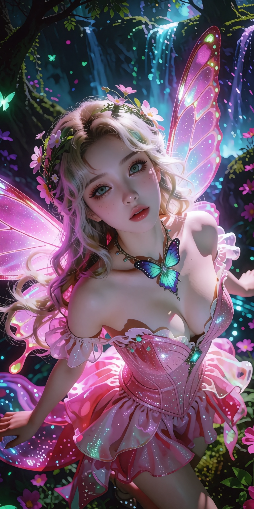 A breathtaking,  museum-grade digital illustration of a gorgeous fantasy fairy framed in an adventurous Dutch angle from a...