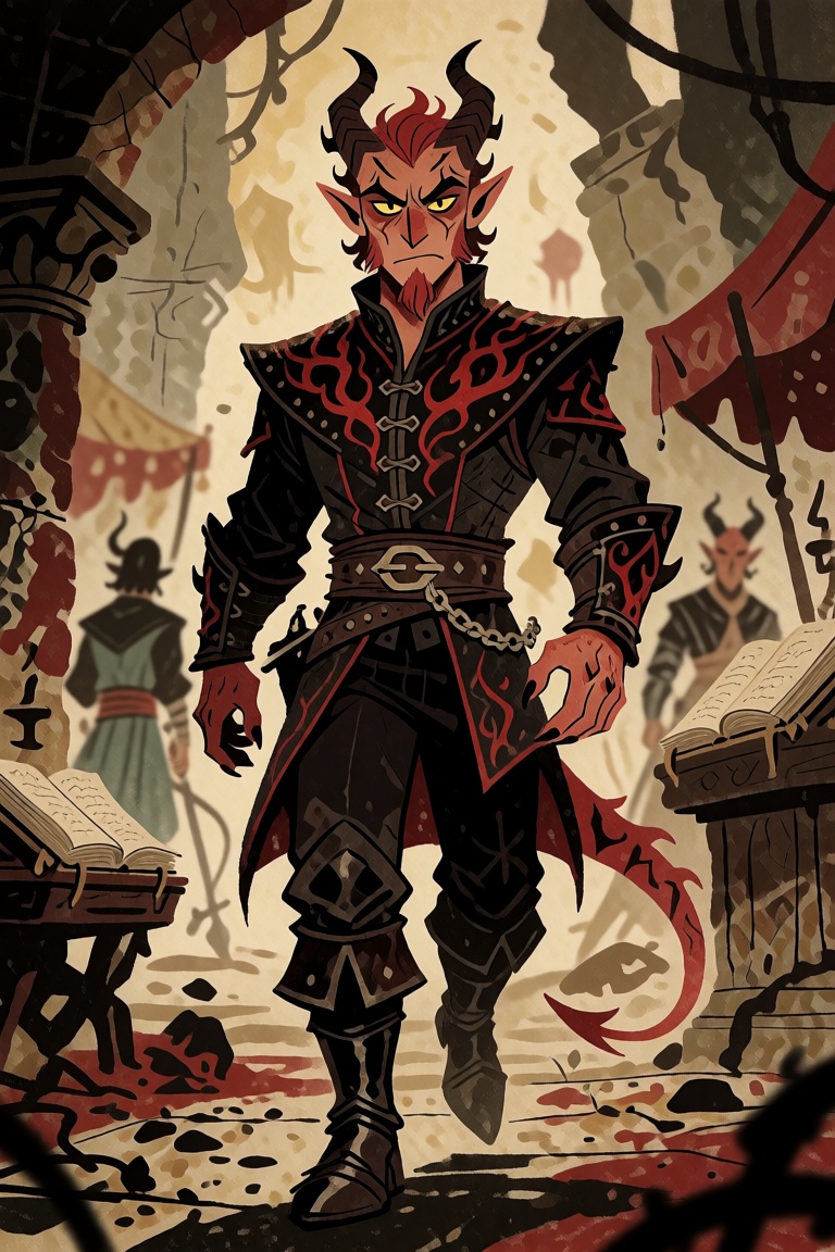 Imagine a captivating tiefling D&D character named Azarath,  with deep crimson skin and fiery red horns that curve elegant...