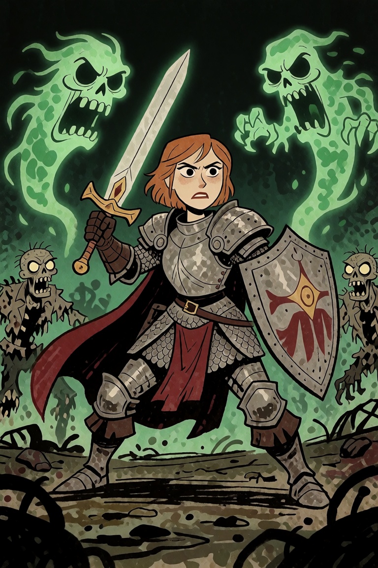 A female human paladin wielding a sword and shield,  facing off against ghosts and zombies on Tensor.Art