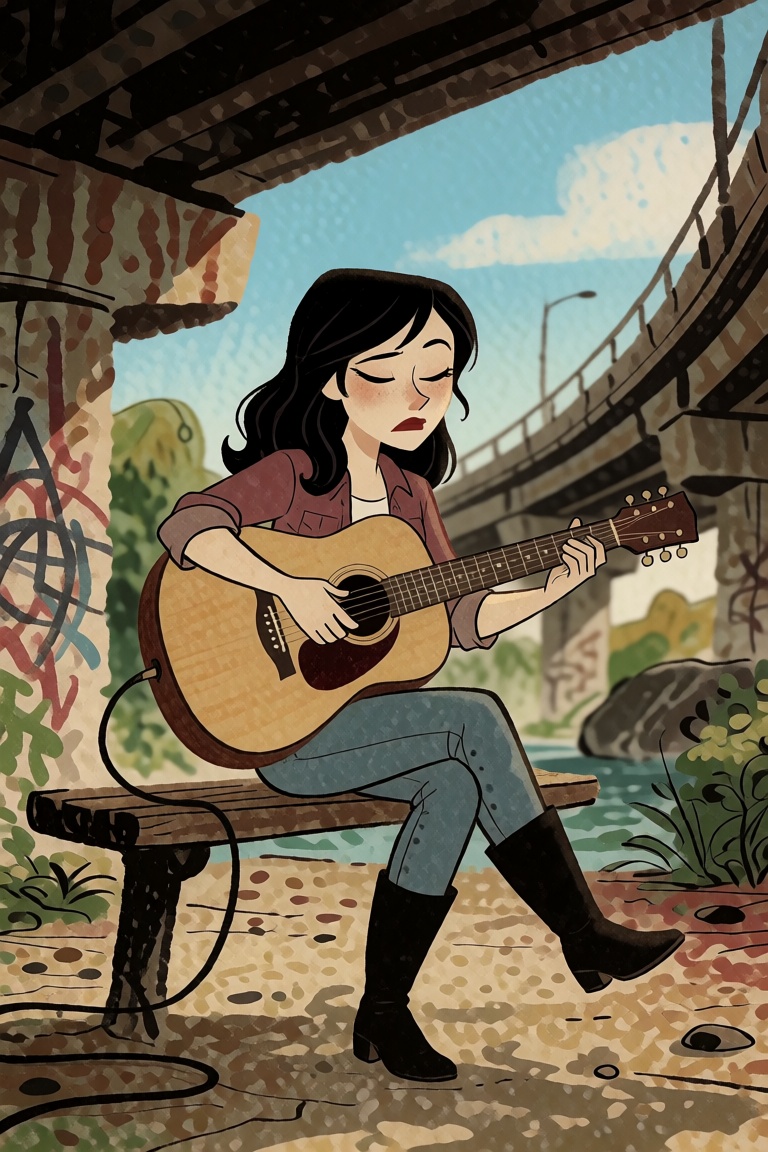 Just a woman playing an acoustic guitar under an overpass on Tensor.Art