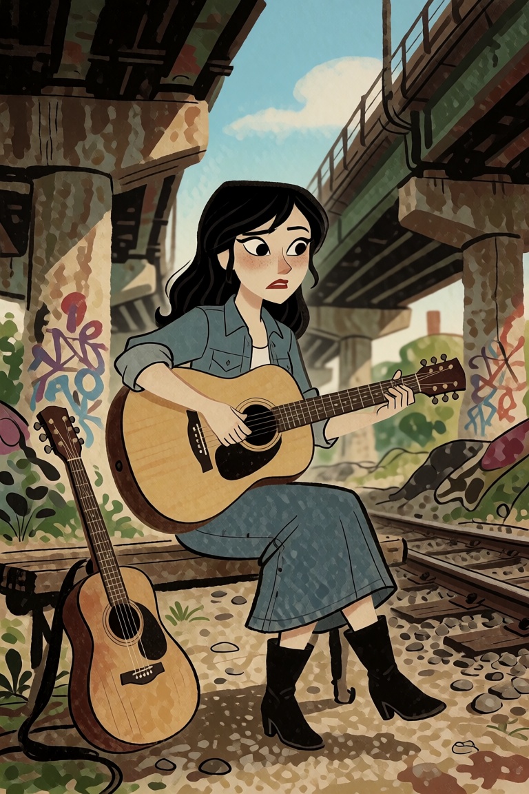Just a woman playing an acoustic guitar under an overpass on Tensor.Art