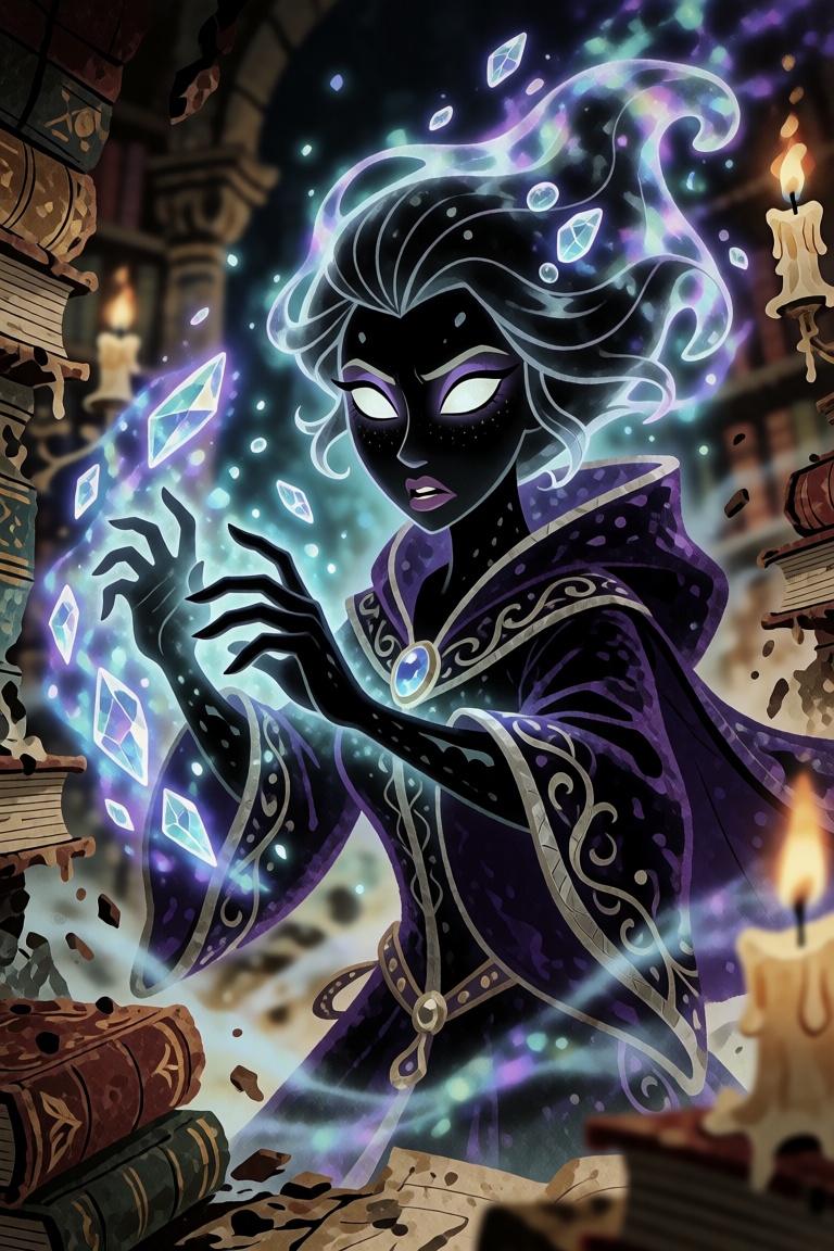 Subject and action: A portrait of Elara,  a high-magic sorcereress with skin like polished obsidian and hair that floats a...