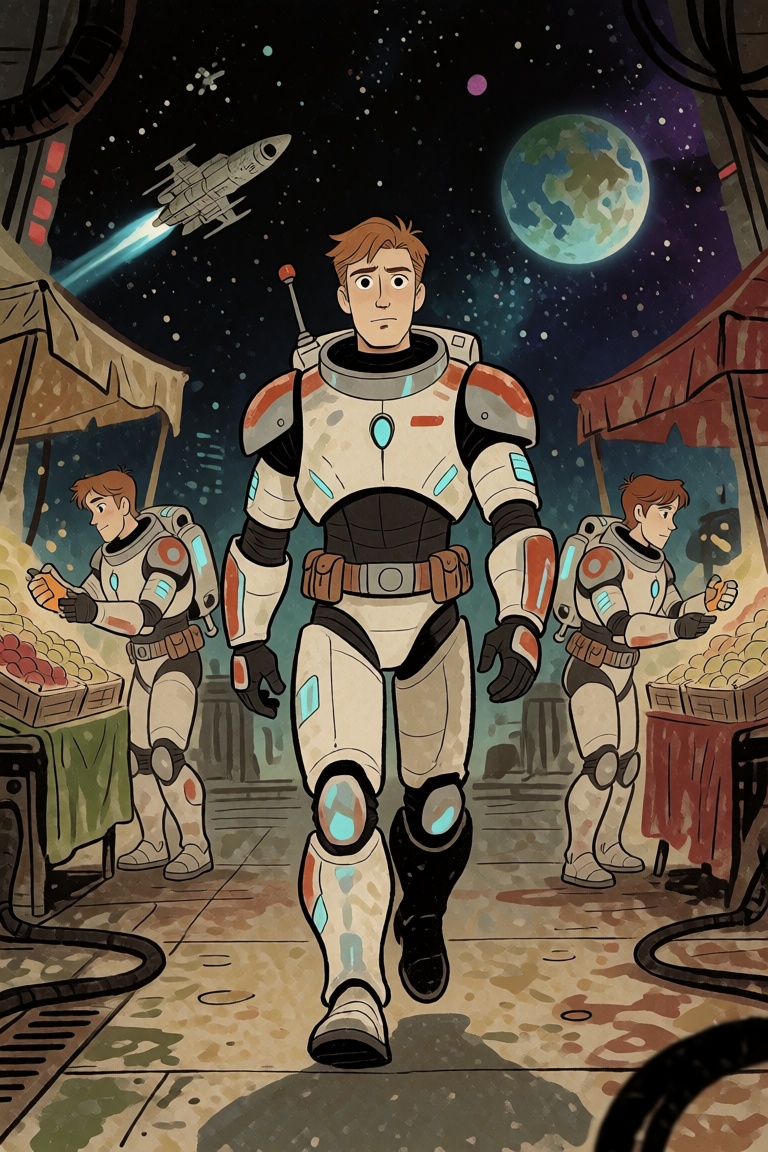 A man in futuristic space armor walking along a spaceport docking bay market on Tensor.Art