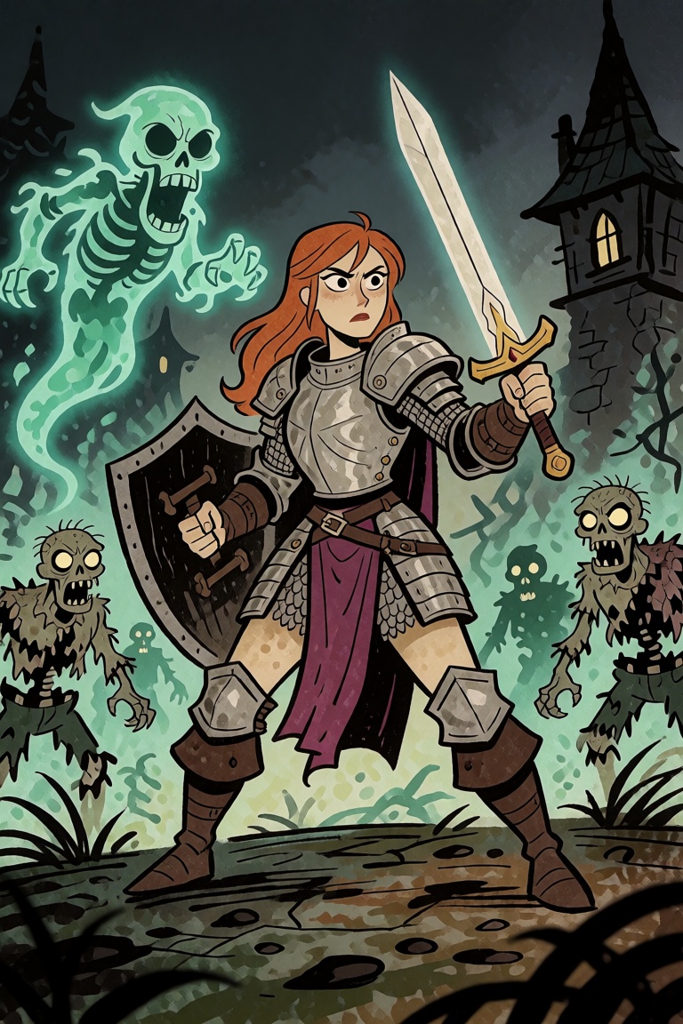 A female human paladin wielding a sword and shield,  facing off against ghosts and zombies on Tensor.Art