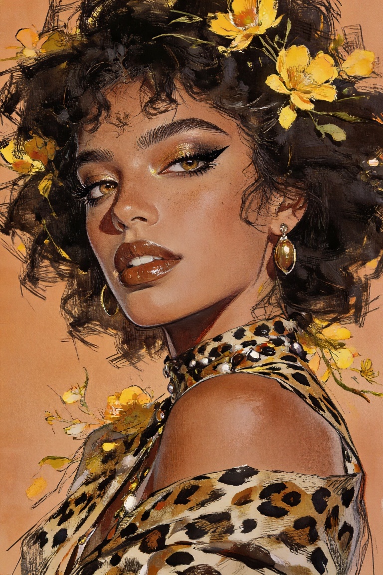 gouache painting. This digital illustration depicts a glamorous woman with voluminous,  dark curly hair adorned with clust...