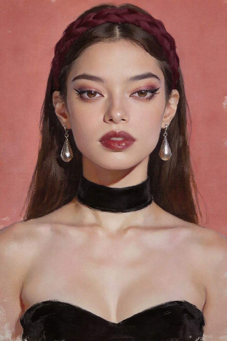 gouache painting. This A digital illustration depicts a portrait of a woman with long,  straight dark brown hair,  She wea...