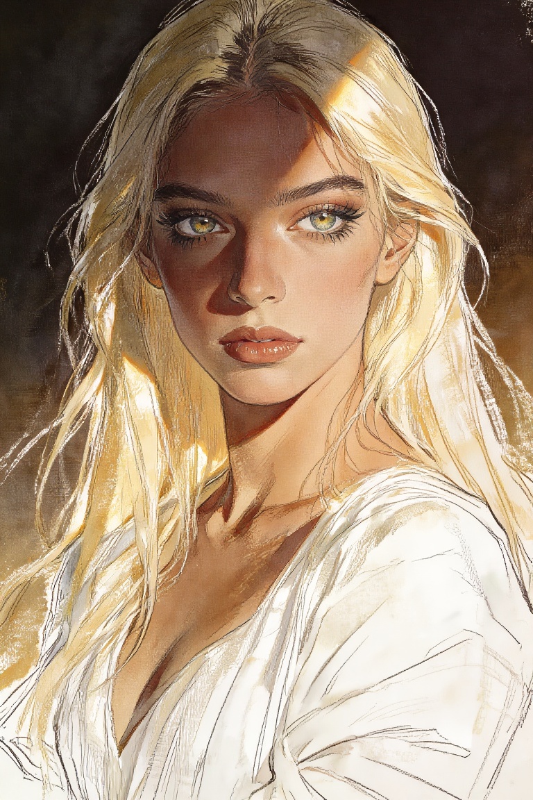 gouache painting. This digital illustration depicts a person with long,  flowing hair,  light green eyes on Tensor.Art