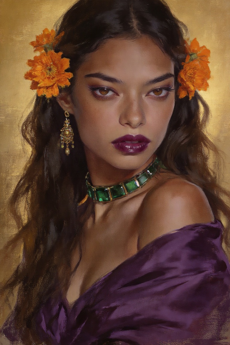 gouache painting. This A digital illustration depicts a portrait of a woman with long,  wavy dark hair adorned with vibran...