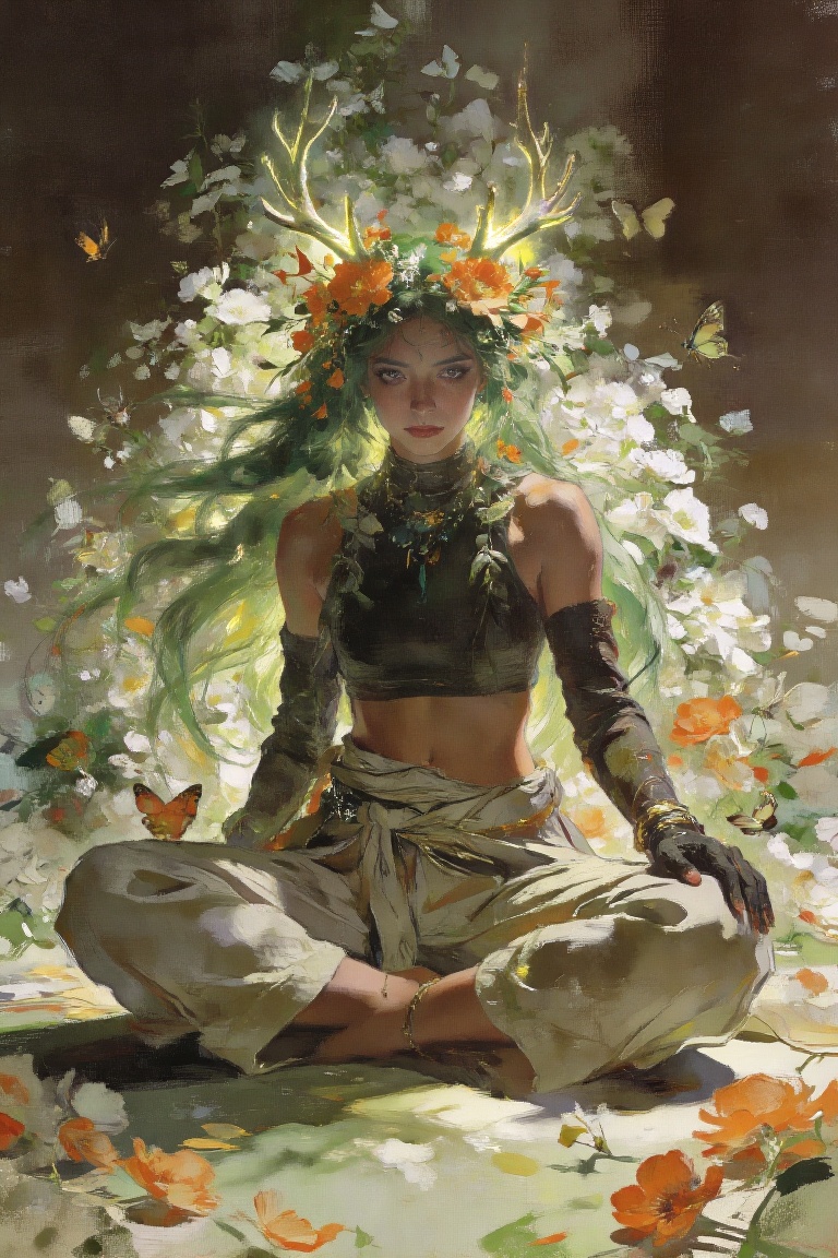 gouache painting. This digital illustration depicts a person with long,  flowing green hair adorned with glowing,  branchi...