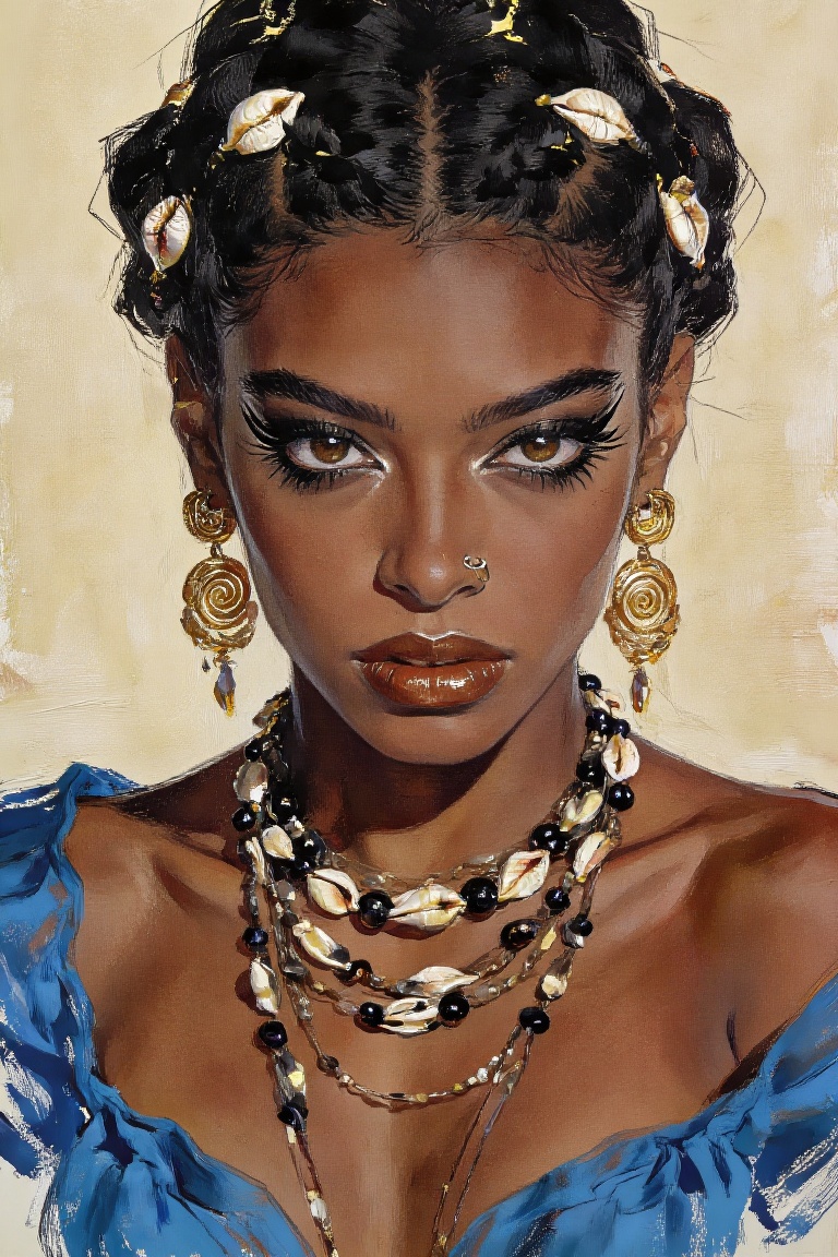 gouache painting. This digital portrait showcases a woman with a deep complexion,  styled with intricate black braided hai...
