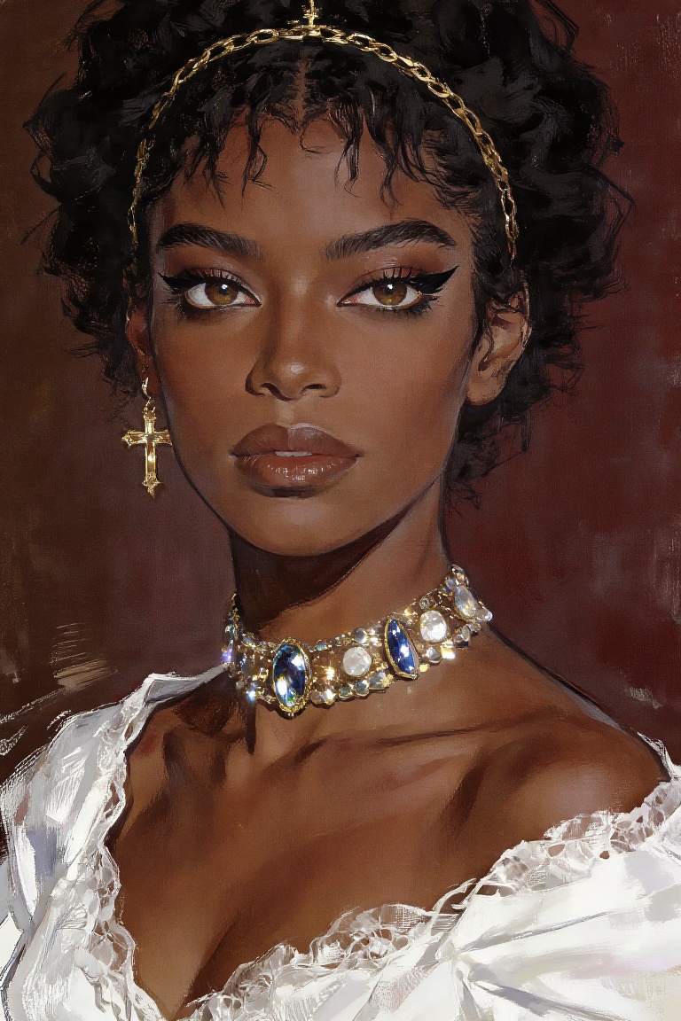 gouache painting. This digital illustration portrays a Senegalese woman with a dark complexion,  curly black hair,  and sh...